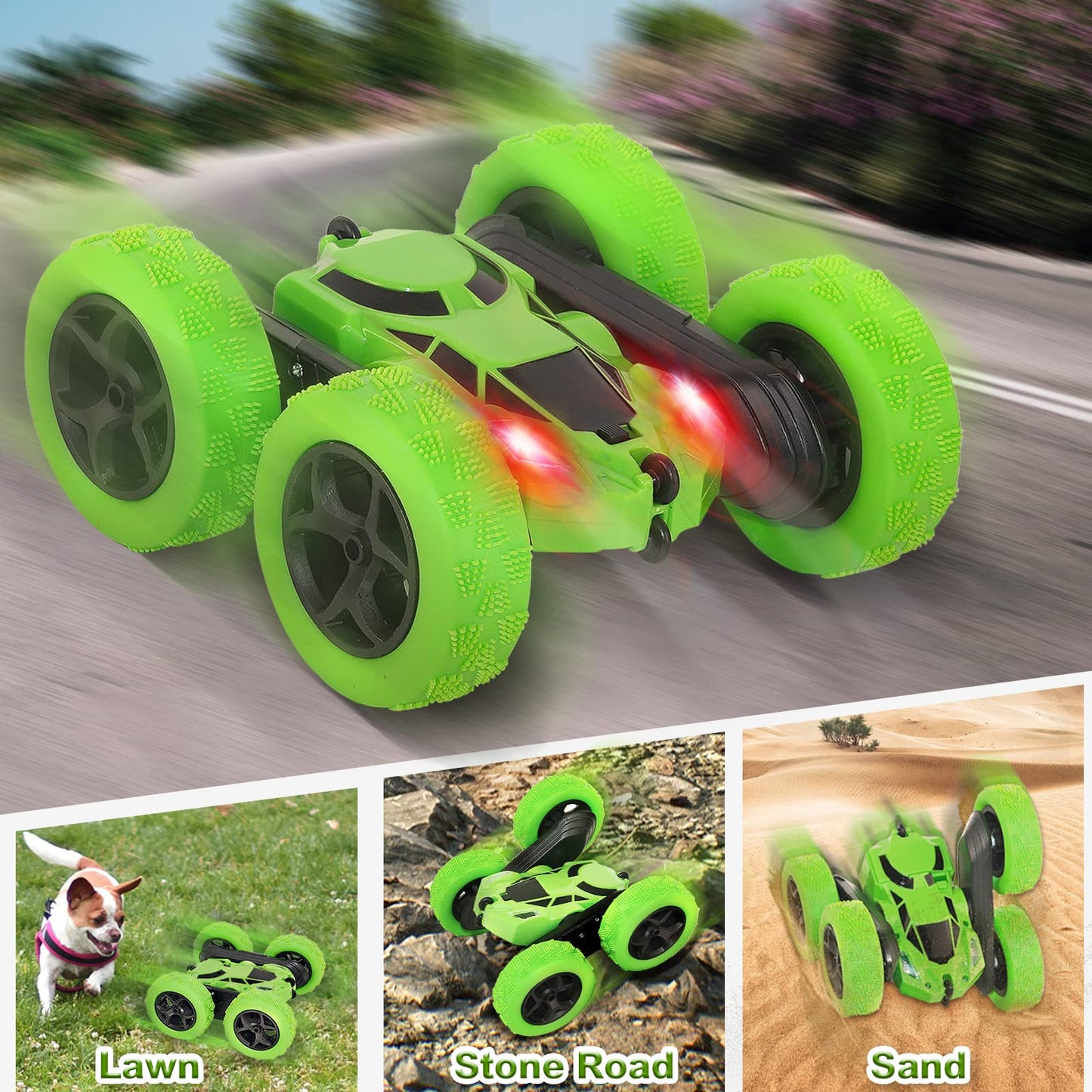 Remote Control Car Stunt RC Cars, RC Cars Stunt Car Toy 2.4Ghz Double Sided 360° Rotating RC Crawler with Headlights, 4WD Off Road Drift RC Race Car Toy for Boys Girls Aged 6-12 Green
