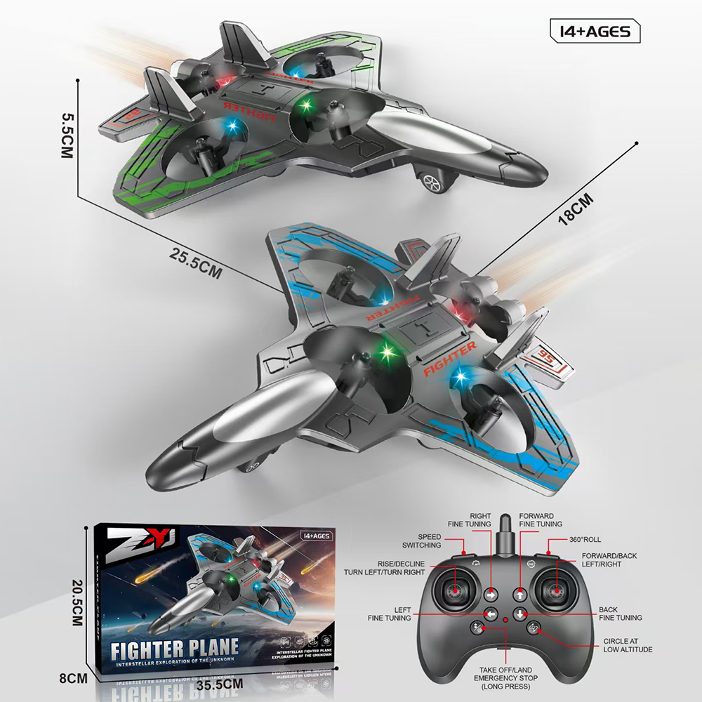 RC Plane Drone Helicopter 2.4GHZ Remote Control Airplane 360°Flip Jet Fighter with LED Lights Foam RC Airplanes Helicopter Quadcopter for Kids, Spinning Drone