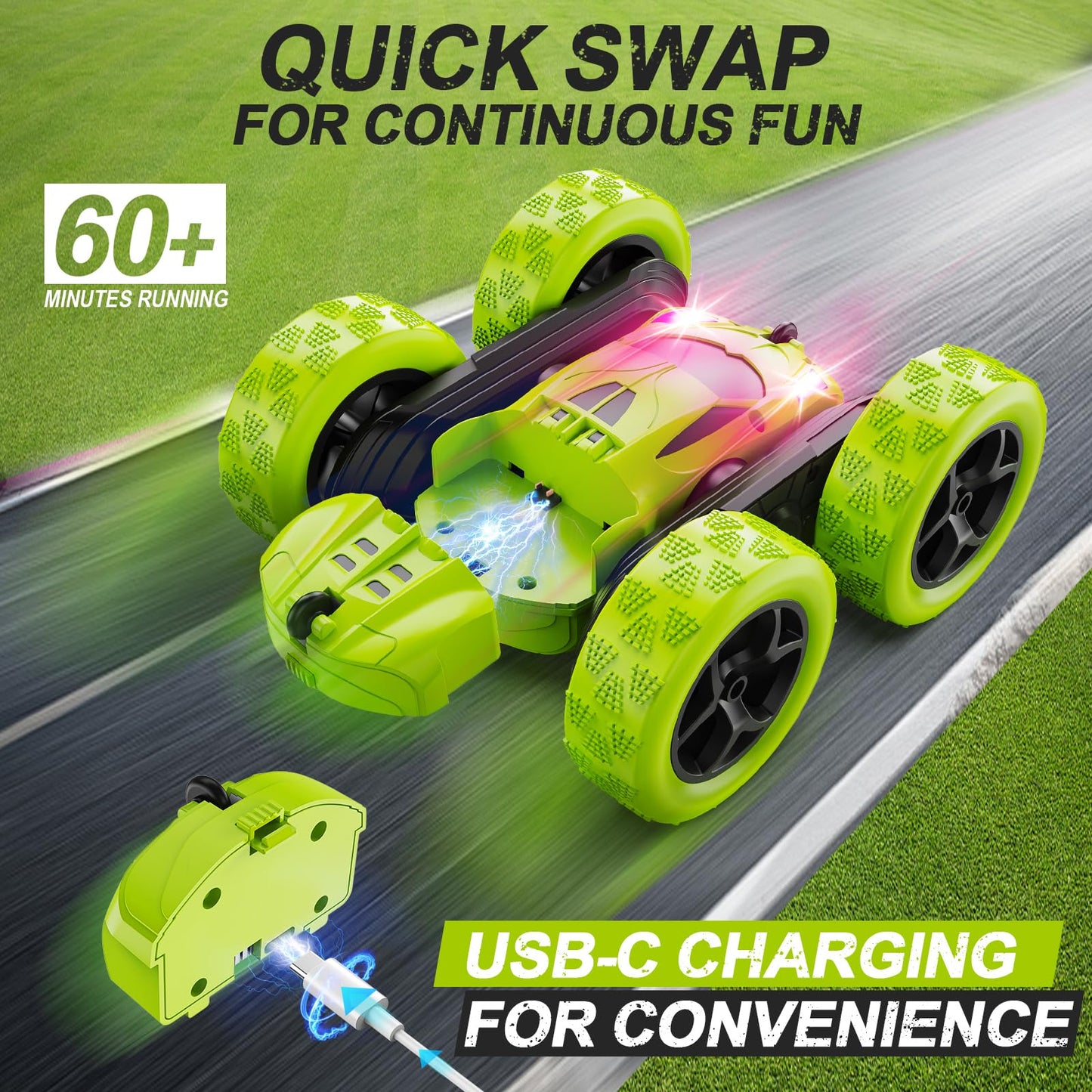 Remote Control Car Stunt RC Cars, RC Cars Stunt Car Toy 2.4Ghz Double Sided 360° Rotating RC Crawler with Headlights, 4WD Off Road Drift RC Race Car Toy for Boys Girls Aged 6-12 Green