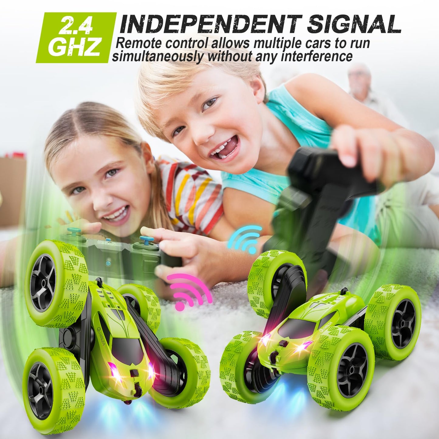 Remote Control Car Stunt RC Cars, RC Cars Stunt Car Toy 2.4Ghz Double Sided 360° Rotating RC Crawler with Headlights, 4WD Off Road Drift RC Race Car Toy for Boys Girls Aged 6-12 Green