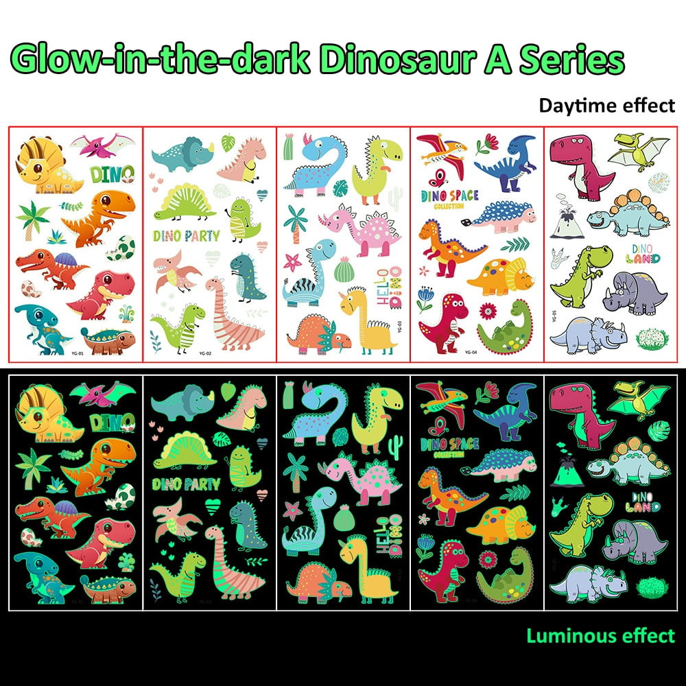 Luminous Tattoos For Kids, Animals Ocean Space Temporary Tattoo Stickers, Glow In The Dark Tattoos for Boys and Girls, Dinosaur Fake Tattoos More Party Makeup Gifts,5 Sheets
