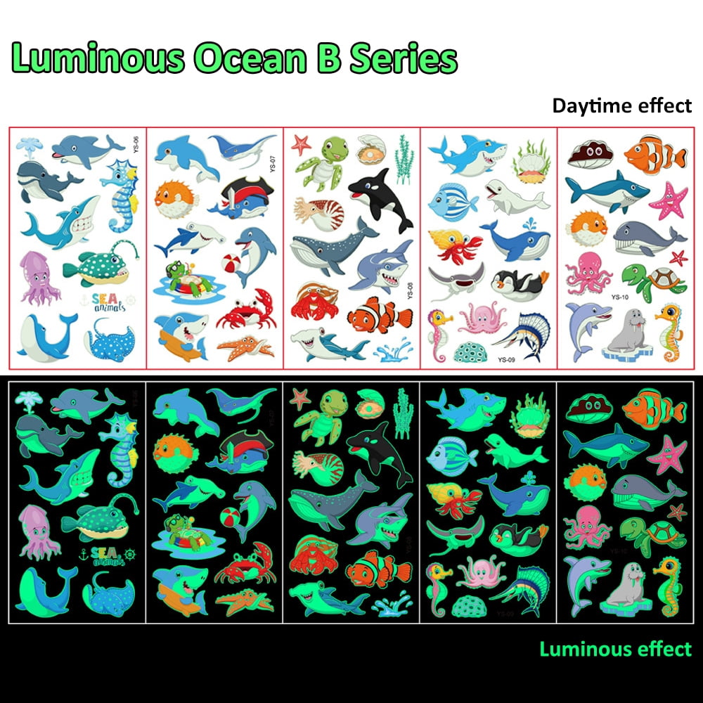 Luminous Tattoos For Kids, Animals Ocean Space Temporary Tattoo Stickers, Glow In The Dark Tattoos for Boys and Girls, Dinosaur Fake Tattoos More Party Makeup Gifts,5 Sheets