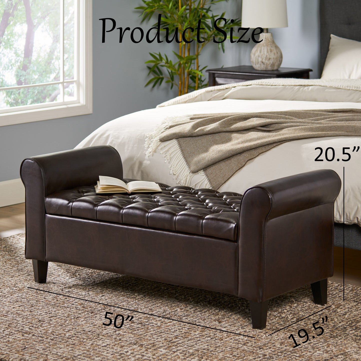 Storage Ottoman Bench with Arms, End of Bed Bench for Bedroom, Brown Leather Upholstered Storage Bench for Entryway, Hallway, Large Storage Bench Foot Rest