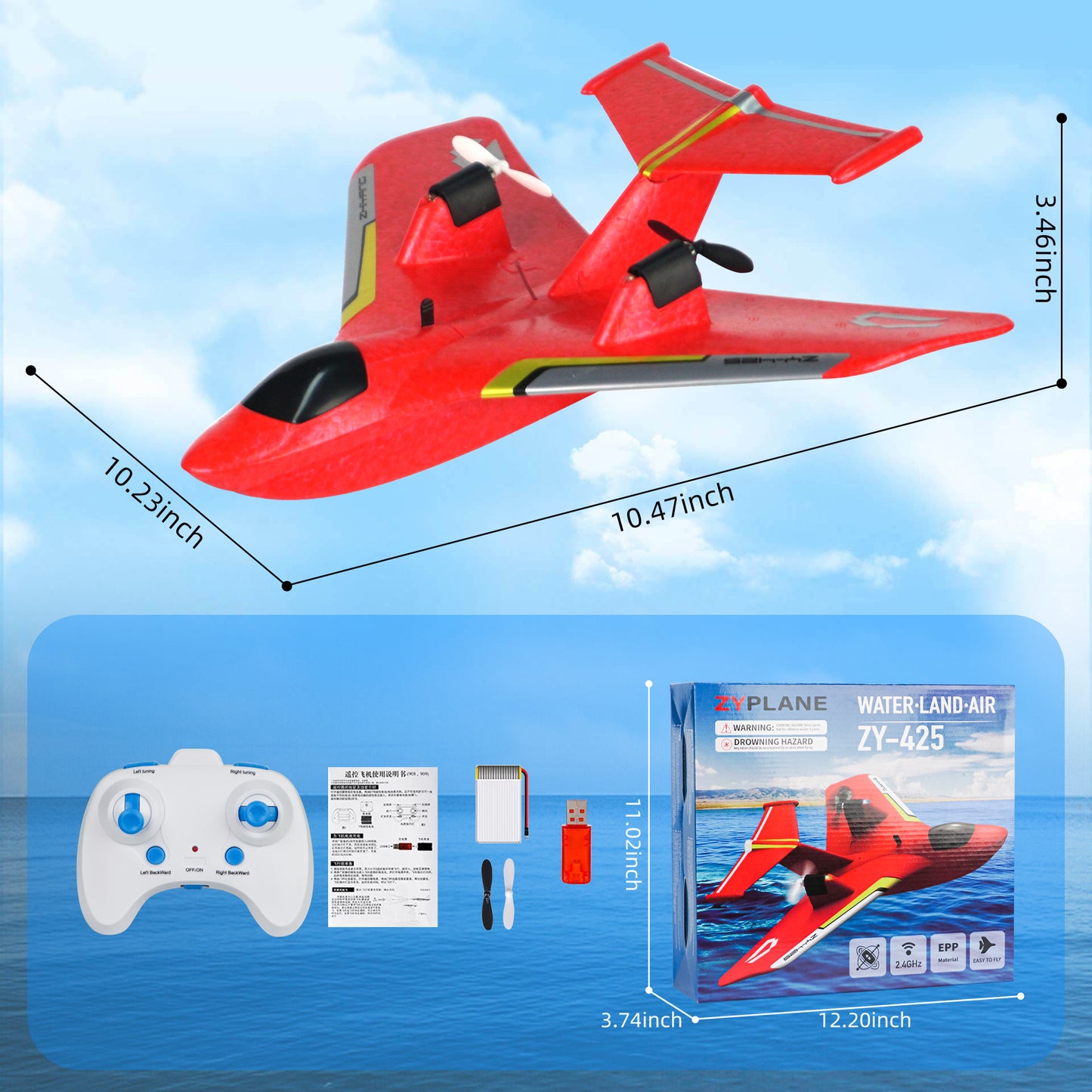 RC Plane for Water Land Air, Upgrade RC Plane Remote Control Glider Airplanes 2.4 GHZ 2 Channels with Lights, Anti-Collision Remote Control Air Planes Fighter Plane Toy Gifts