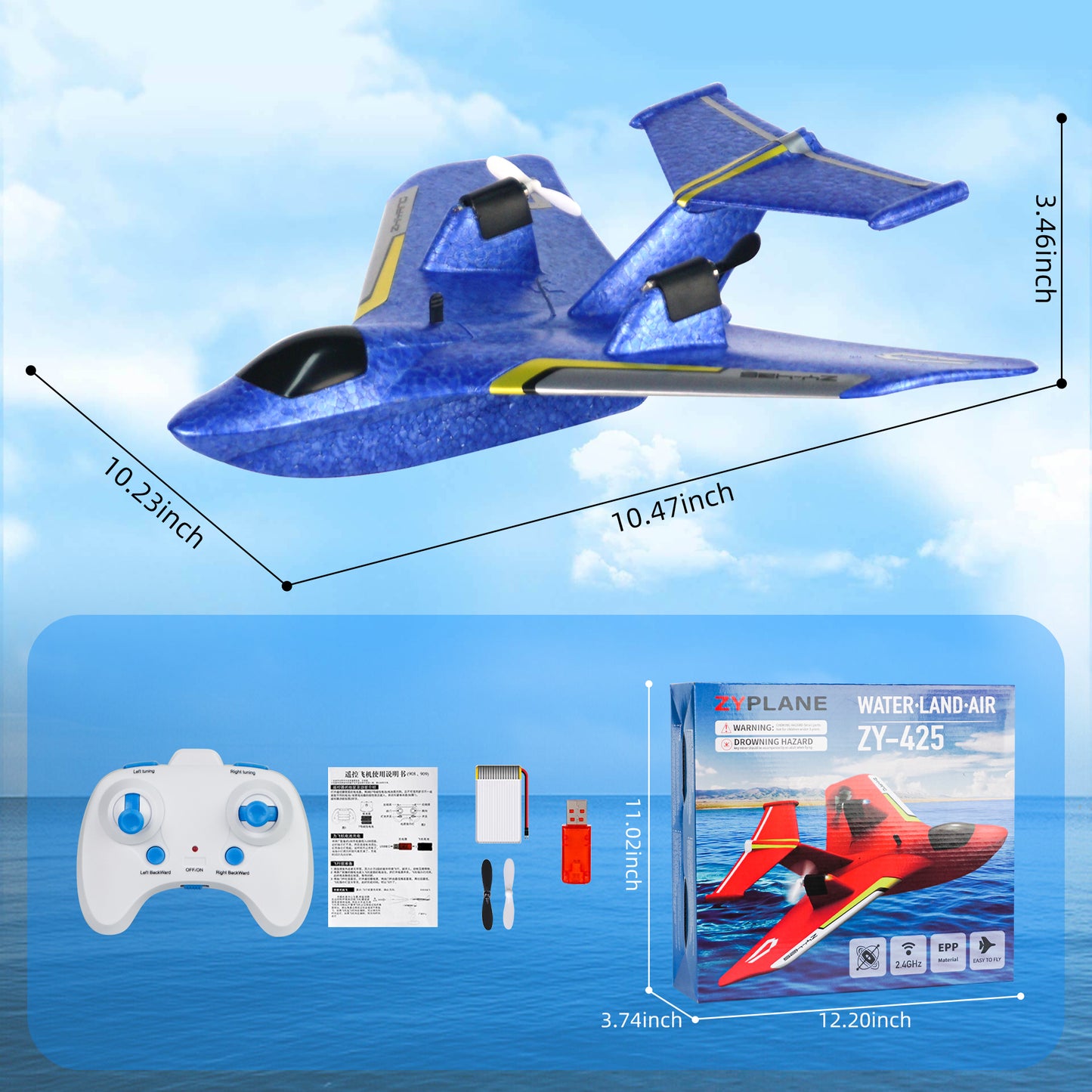 RC Plane for Water Land Air, Upgrade RC Plane Remote Control Glider Airplanes 2.4 GHZ 2 Channels with Lights, Anti-Collision Remote Control Air Planes Fighter Plane Toy Gifts