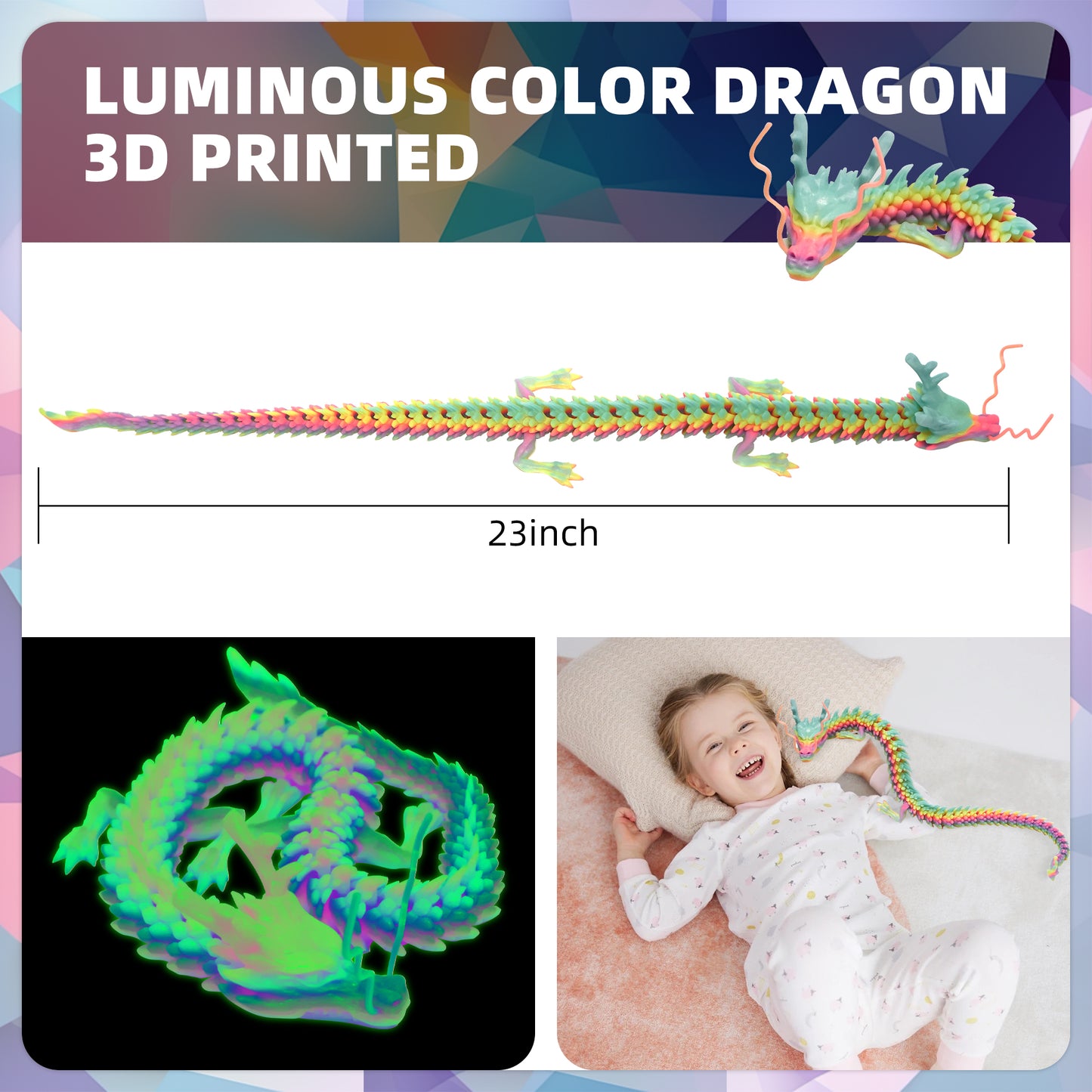 3D Printed Dragon, 3D Dragon,23 Inch 3D Printed Fidget Dragon Glow in The Dark, 3D Printed Articulated Dragon for Home Office Car Desk Decor Toys