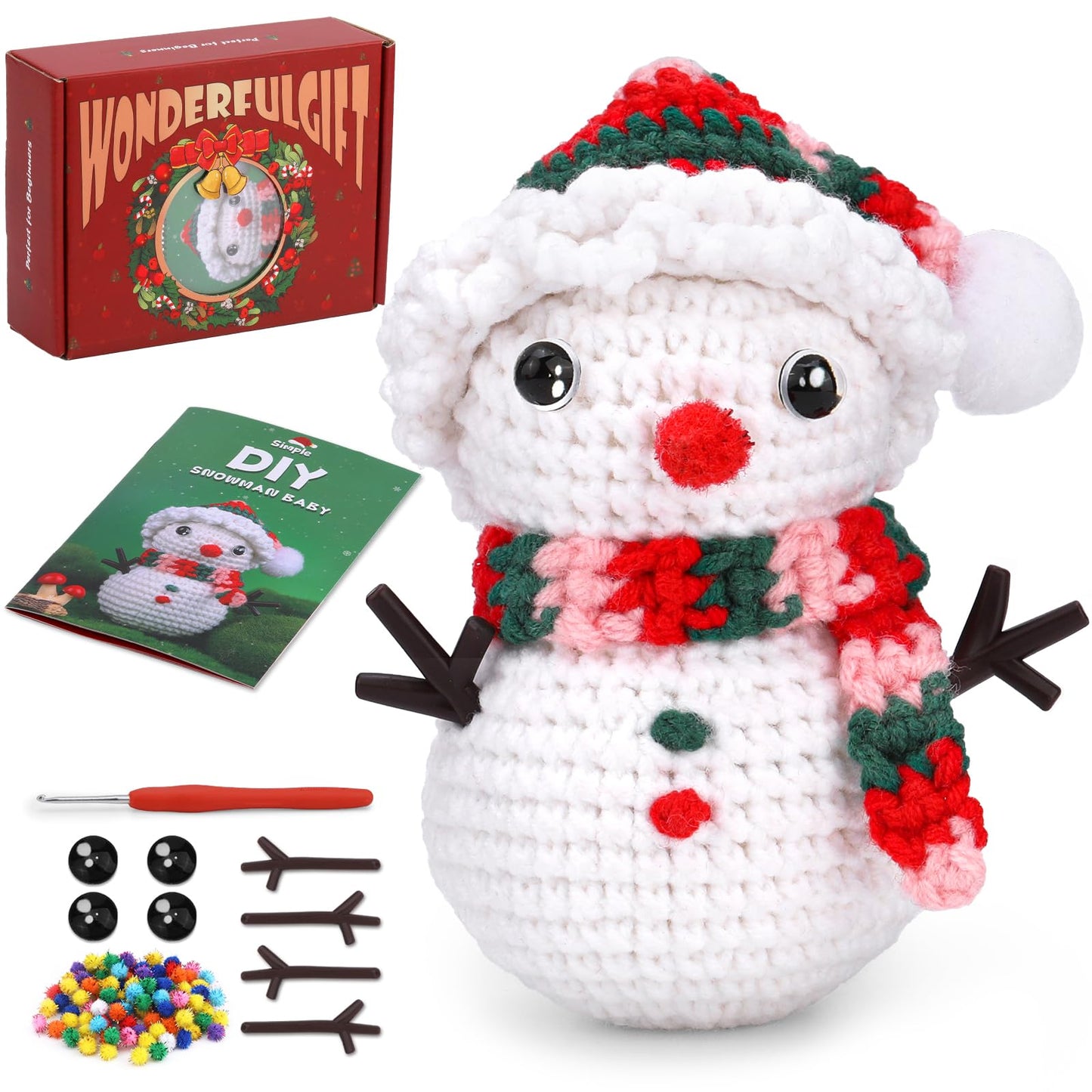 Christmas Crochet Kits for Beginners, Complete Christmas Decor DIY Crochet Kit Snowman Craft Knitting Kit with Crochet Hooks Yarns Step-by-Step Video Tutorials DIY Gift Deco for Adults Kids