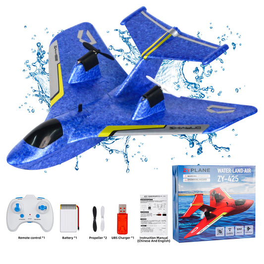 RC Plane for Water Land Air, Upgrade RC Plane Remote Control Glider Airplanes 2.4 GHZ 2 Channels with Lights, Anti-Collision Remote Control Air Planes Fighter Plane Toy Gifts