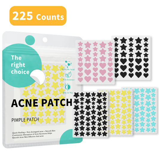 Pimple Patches for Face, 225 Counts Hydrocolloid Acne Patches, Star Heart Shape Zit Covers, Colorful Superstar Spot Acne Pimple Patches Stickers