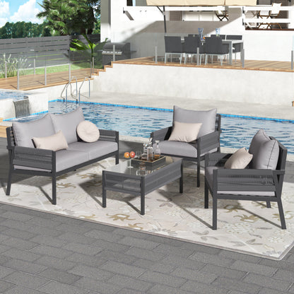 4 Pieces Patio Furniture Set, Rope Patio Outdoor Furniture with Tempered Glass Table, Patio Conversation Set Deep Seating with Thick Cushion for Patio Lawn Garden Poolside