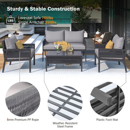 4 Pieces Patio Furniture Set, Rope Patio Outdoor Furniture with Tempered Glass Table, Patio Conversation Set Deep Seating with Thick Cushion for Patio Lawn Garden Poolside