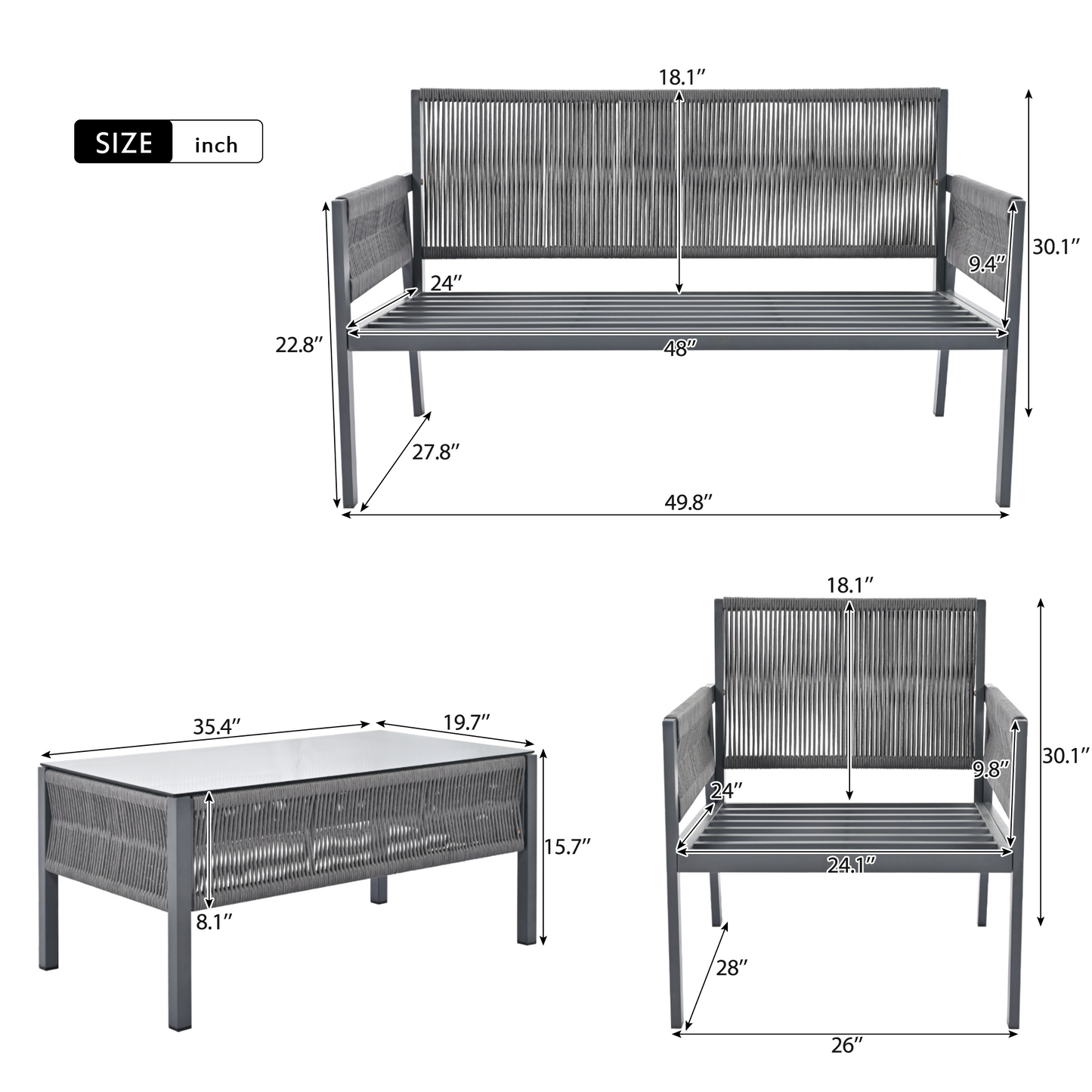 4 Pieces Patio Furniture Set, Rope Patio Outdoor Furniture with Tempered Glass Table, Patio Conversation Set Deep Seating with Thick Cushion for Patio Lawn Garden Poolside