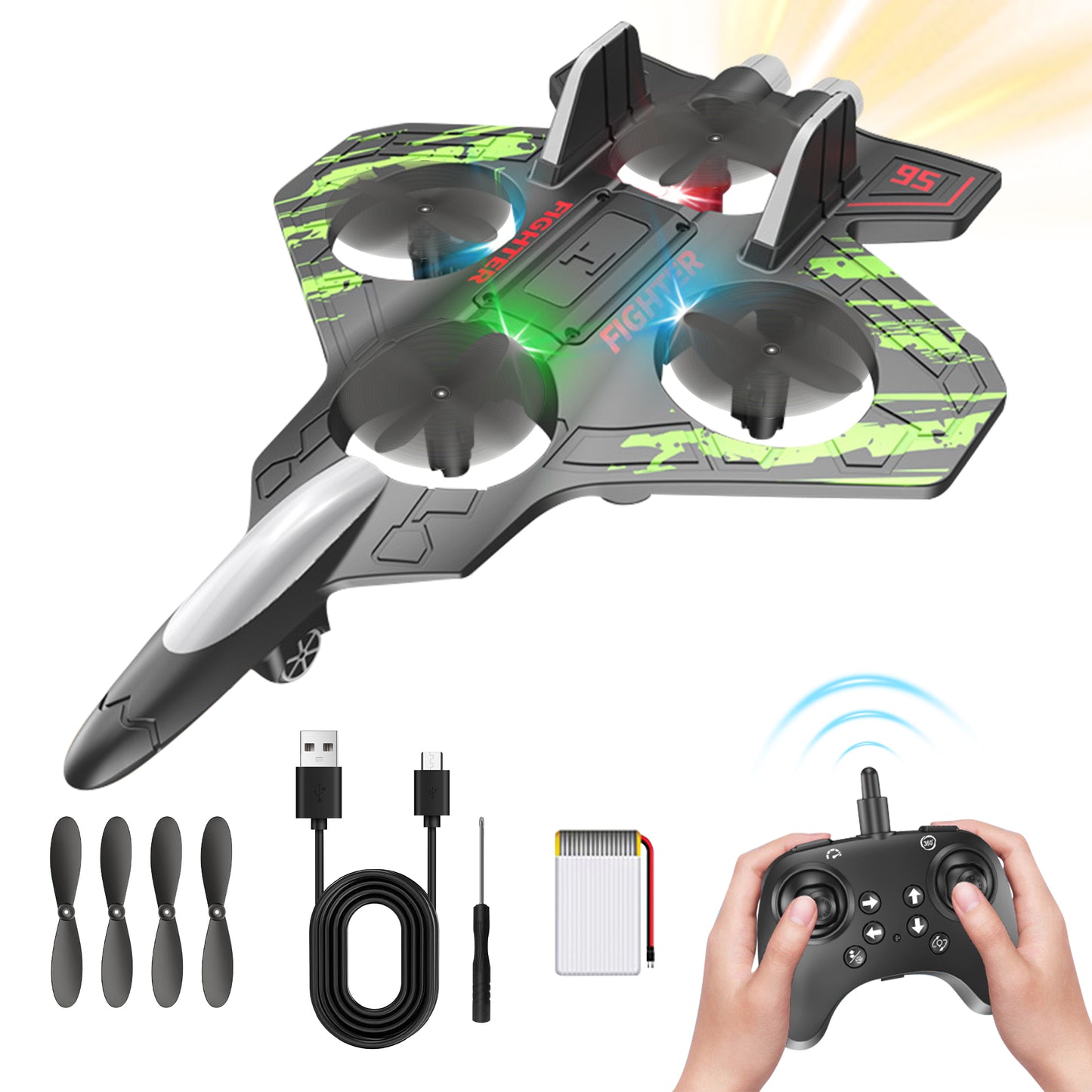 RC Plane 2.4GHZ Radio Control Helicopter 360°Flip Jet Fighter Foam Remote Control Airplane with LED Lights RC Toy Gift for Kids, Spinning Helicopter