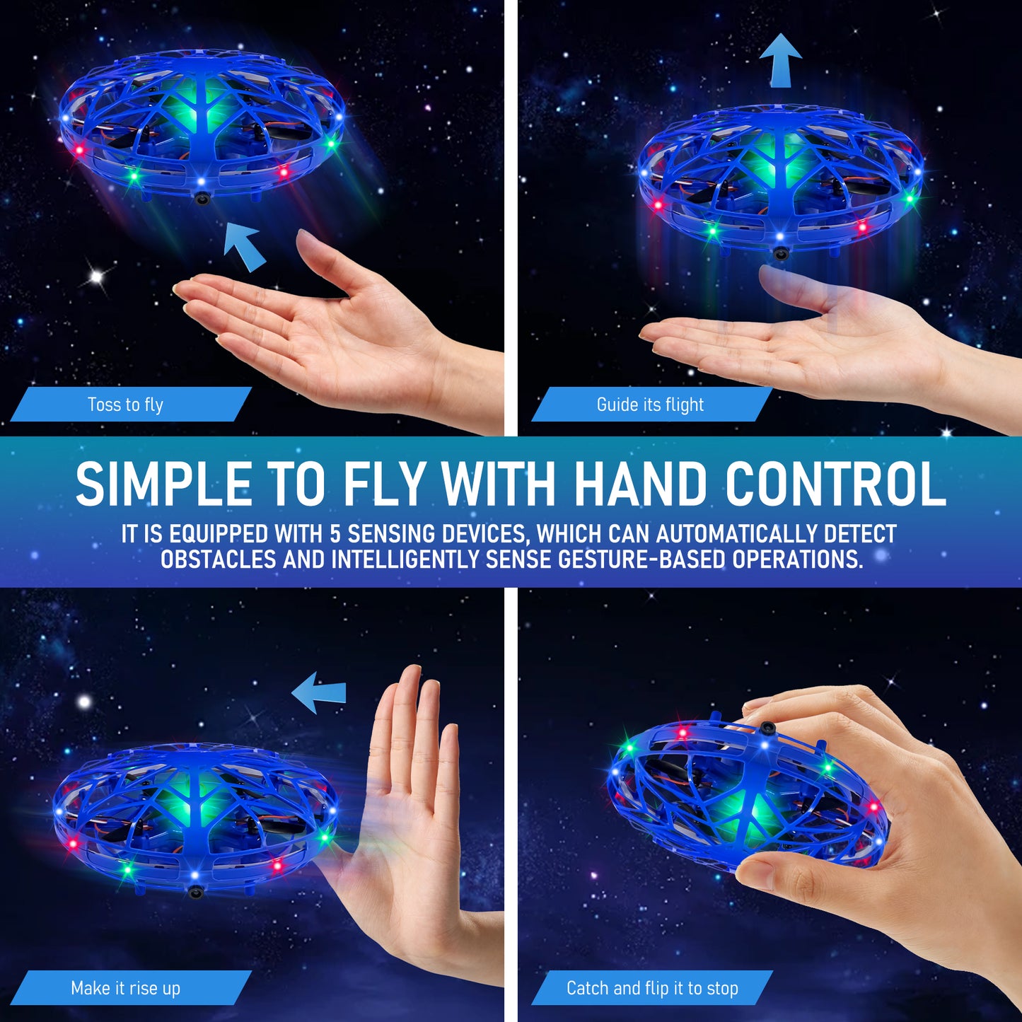 Mini Hand Drone for Kids Adults, 360° Drone Mini Helicopter RC UFO Flying Toy With Colorful light strip, Hand Operated Sensory Flying Drone UFO Toy for Boys Girls