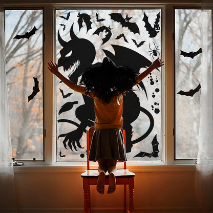 4 Sheet Halloween Window Clings Sticker, Removable Halloween Party Decorations Giant Spooky Witch Pumpkin Monster Window Silhouette Non-stick Electrostatic Window Clings Decals