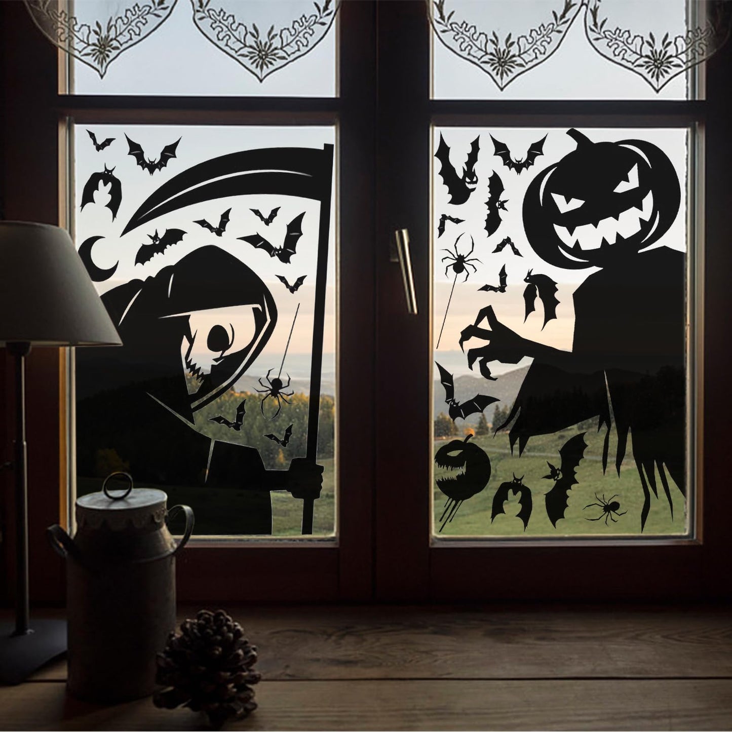 4 Sheet Halloween Window Clings Sticker, Removable Halloween Party Decorations Giant Spooky Witch Pumpkin Monster Window Silhouette Non-stick Electrostatic Window Clings Decals