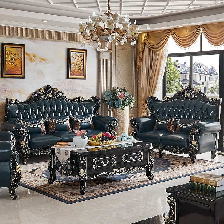 European-style Leather Combination Sofa Solid Wood Ebony Luxury Sofa Furniture Set