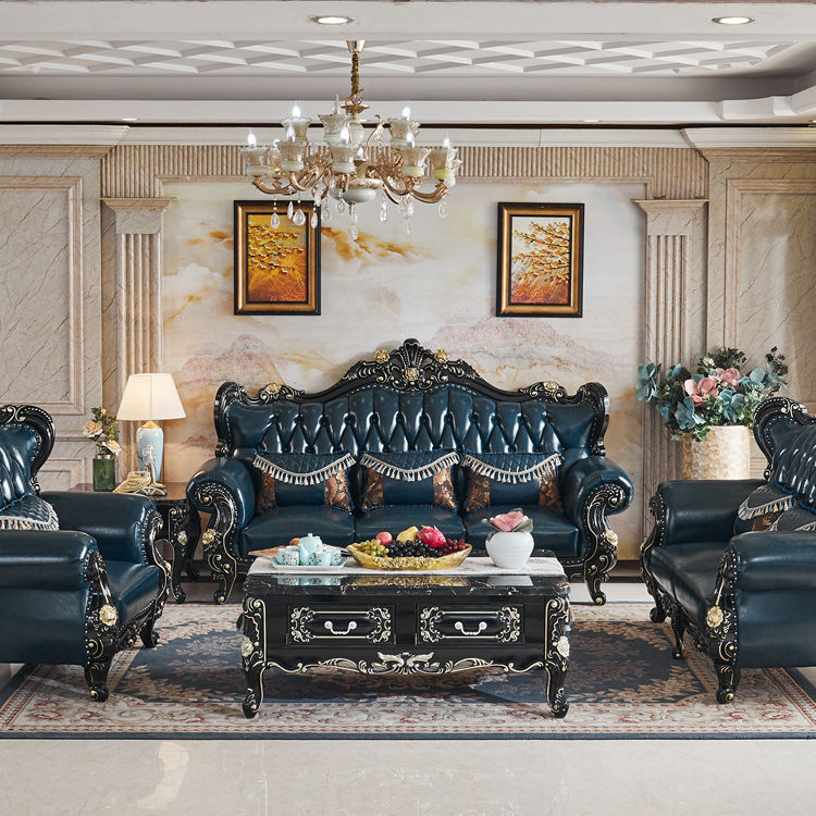 European-style Leather Combination Sofa Solid Wood Ebony Luxury Sofa Furniture Set