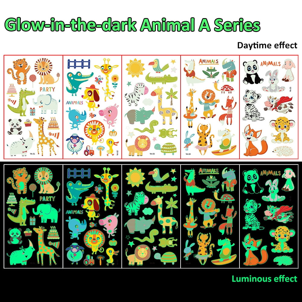 Luminous Tattoos For Kids, Animals Ocean Space Temporary Tattoo Stickers, Glow In The Dark Tattoos for Boys and Girls, Dinosaur Fake Tattoos More Party Makeup Gifts,5 Sheets
