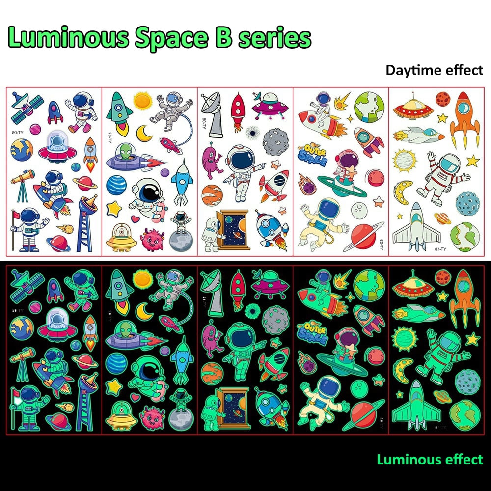 Luminous Tattoos For Kids, Animals Ocean Space Temporary Tattoo Stickers, Glow In The Dark Tattoos for Boys and Girls, Dinosaur Fake Tattoos More Party Makeup Gifts,5 Sheets