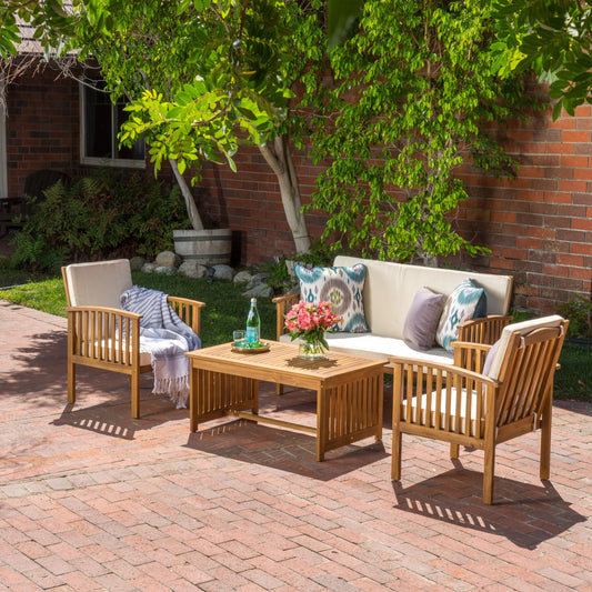 4-Piece Patio Furniture Conversation Sets, Acacia Wood Outdoor Sectional Furniture Conversation Sets with Cushions and Coffee Table for Garden Backyard Balcony and Porch