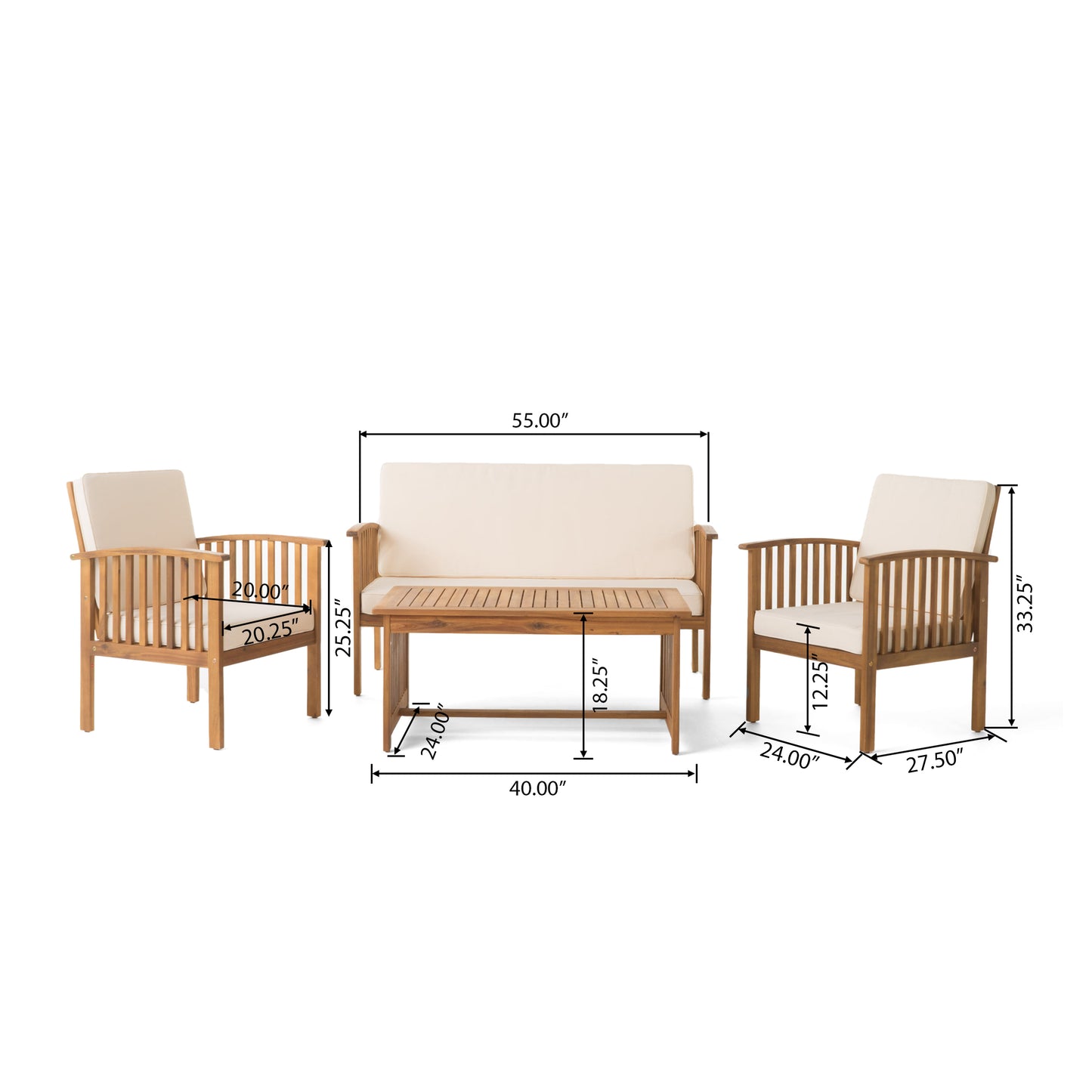 4-Piece Patio Furniture Conversation Sets, Acacia Wood Outdoor Sectional Furniture Conversation Sets with Cushions and Coffee Table for Garden Backyard Balcony and Porch